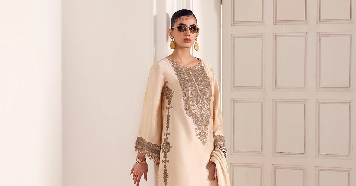 3 Piece Embroidered Self Tassel Silk Suit - Image 7