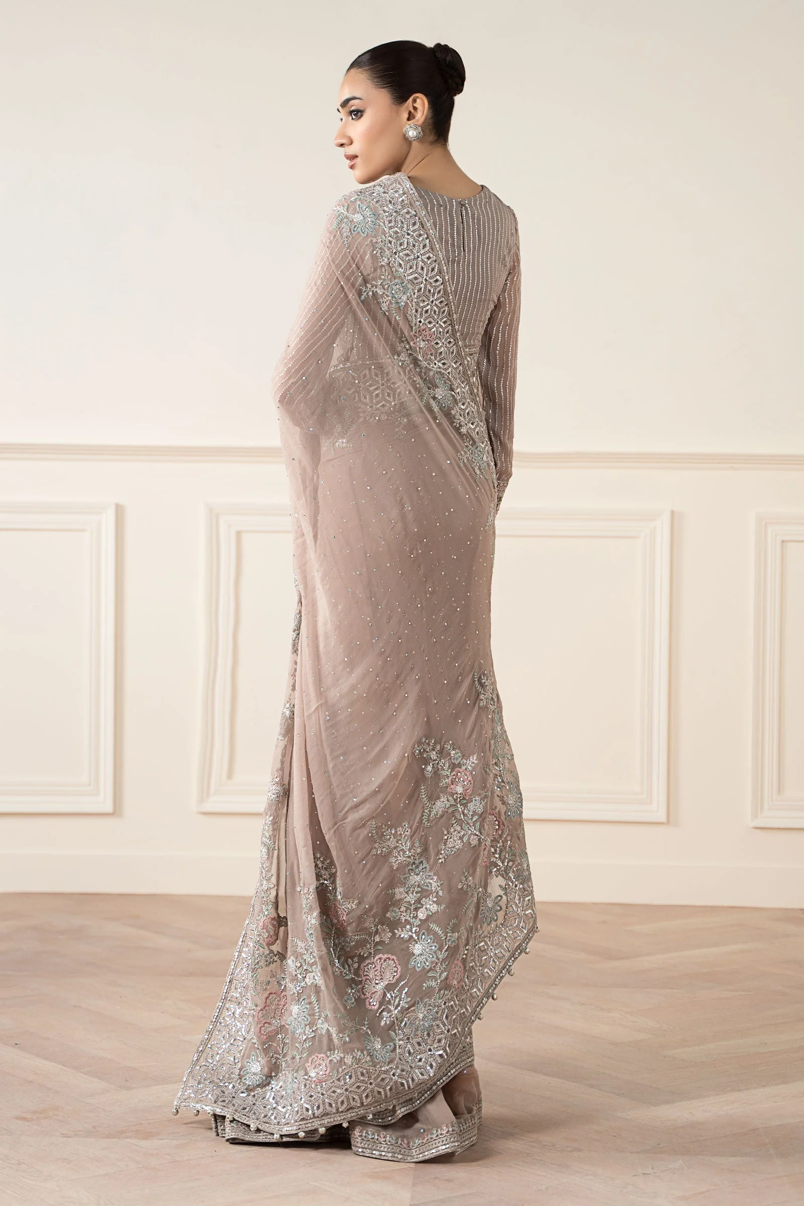 Embroidered Chiffon Saree - Image 7