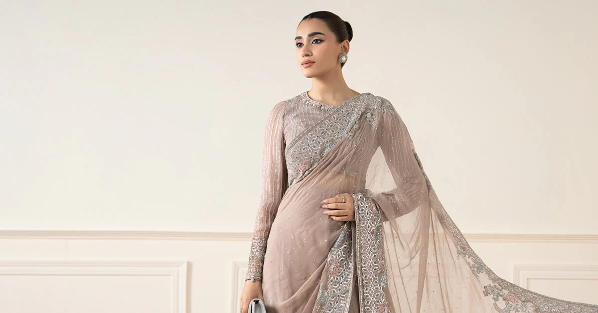 Embroidered Chiffon Saree - Image 8
