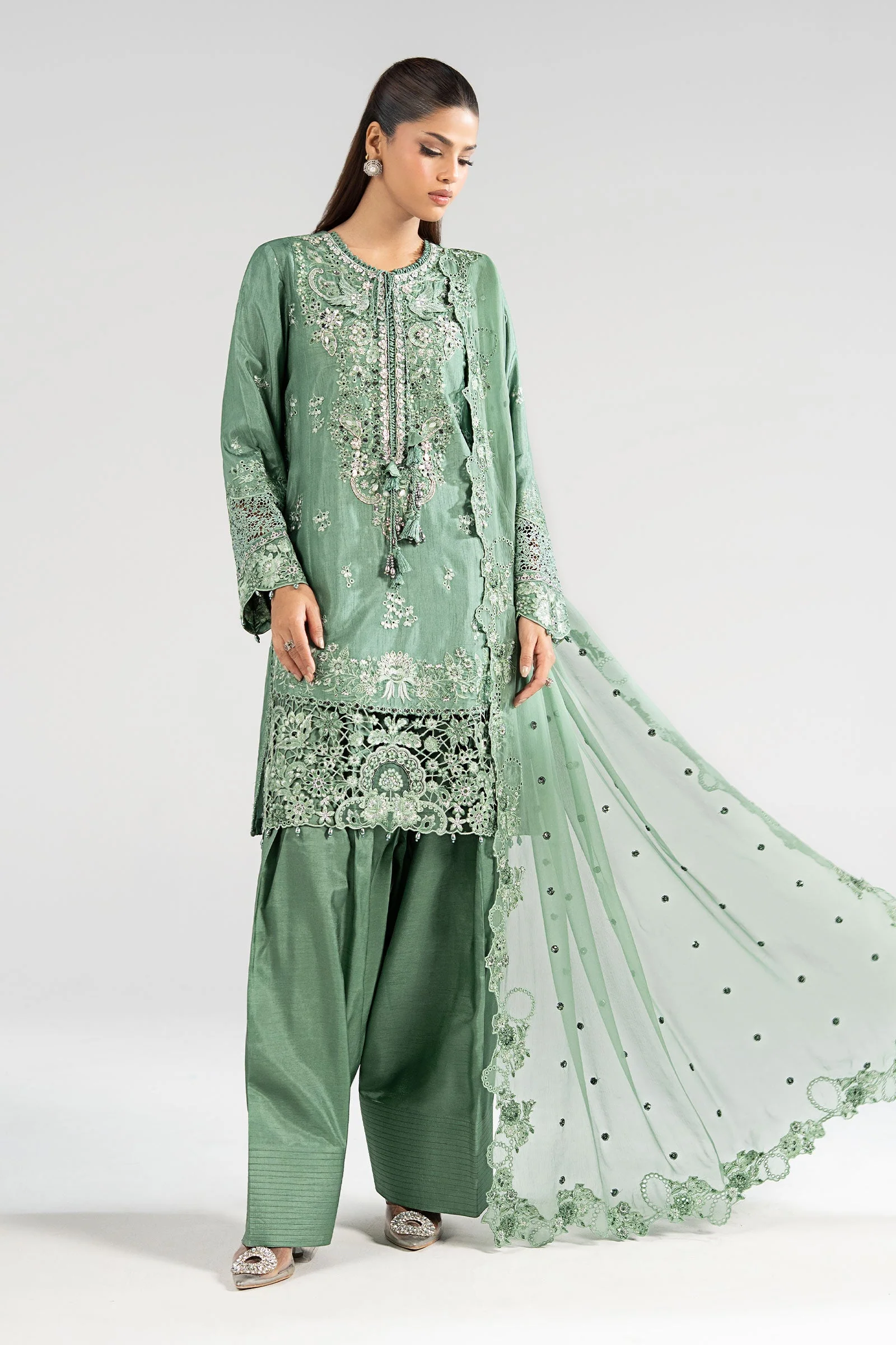 3 Piece Embroidered Raw Silk Suit