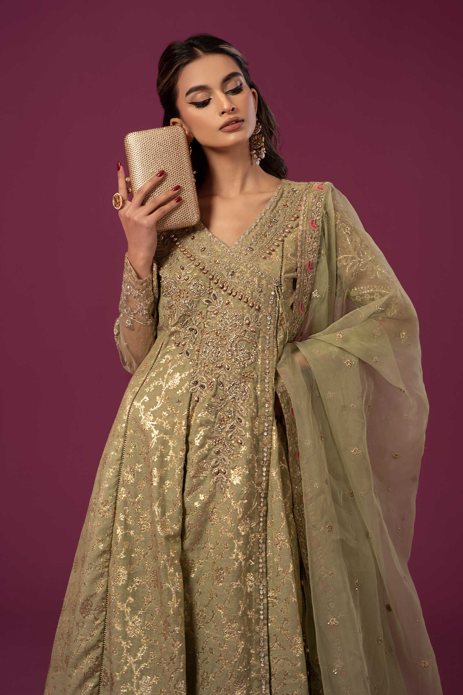 3 Piece Embroidered Cotton Lurex Jacquard Suit - Image 2