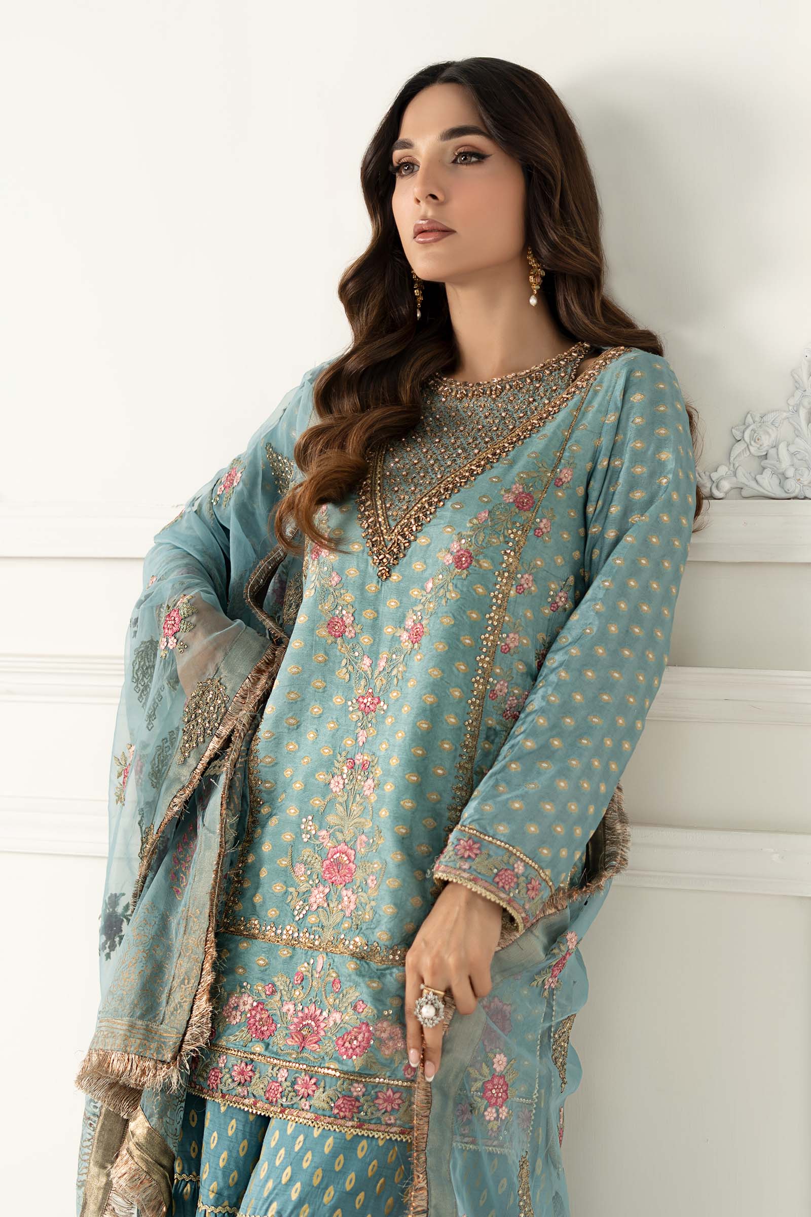 3 Piece Embroidered Silk Jacquard Suit - Image 2