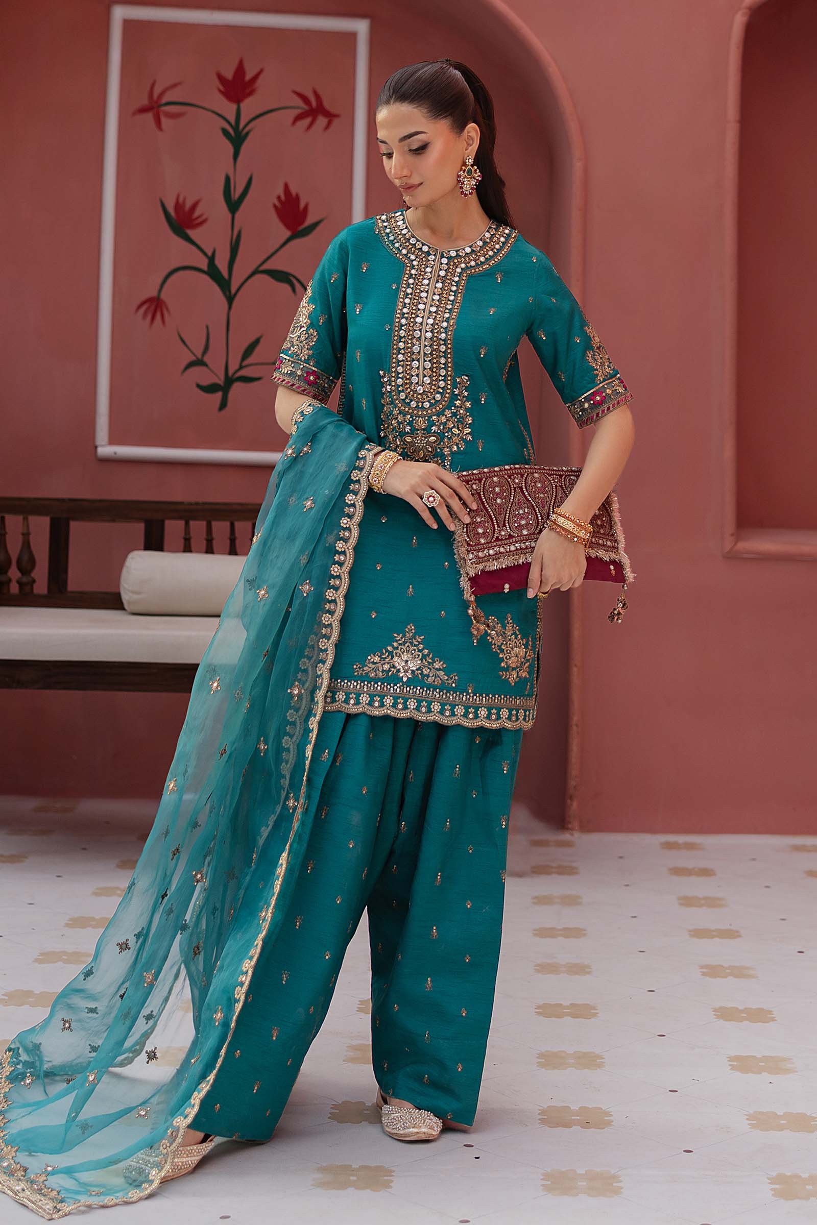 3 Piece Embroidered Raw Silk Suit - Image 3