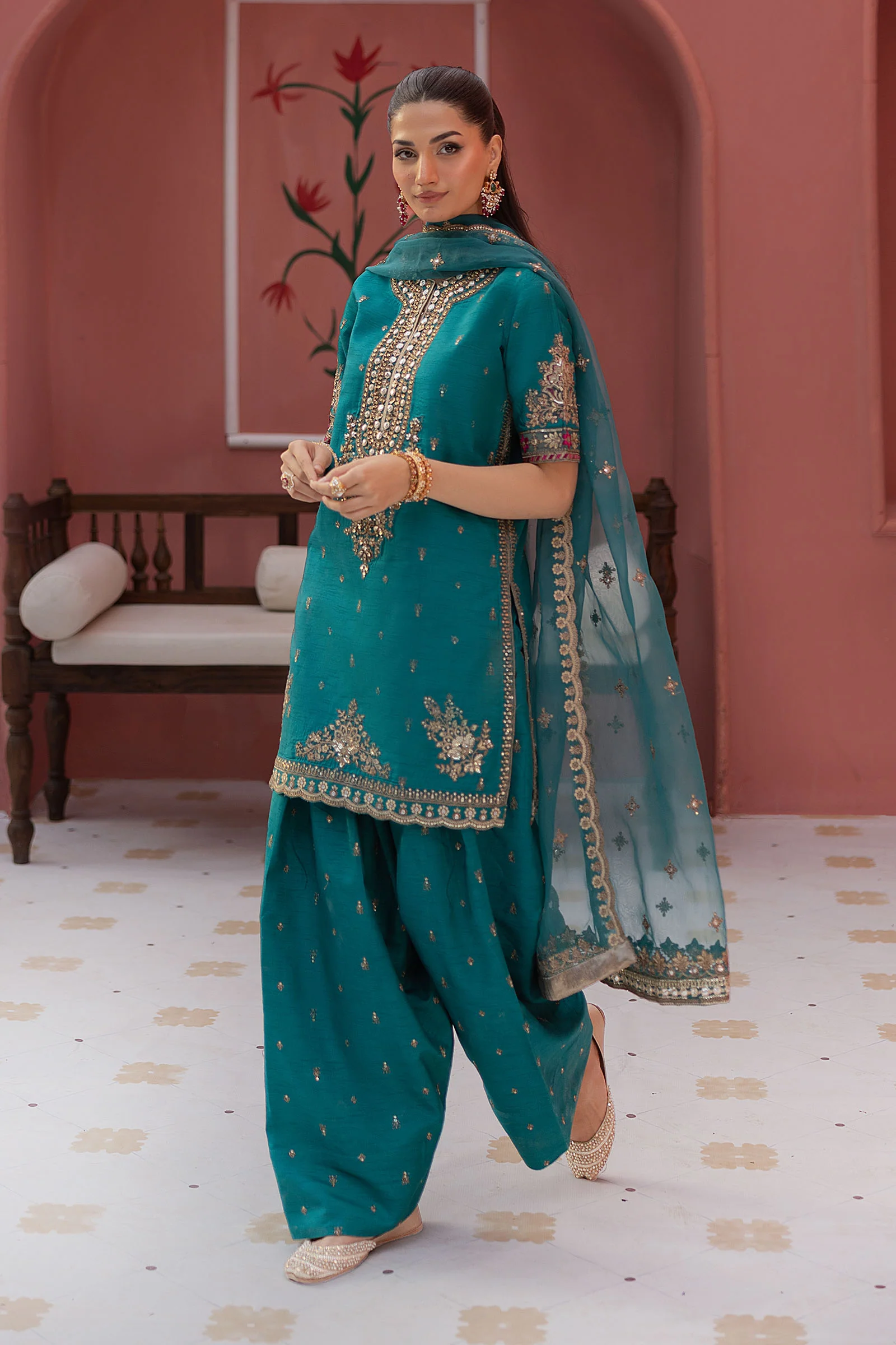 3 Piece Embroidered Raw Silk Suit - Image 4