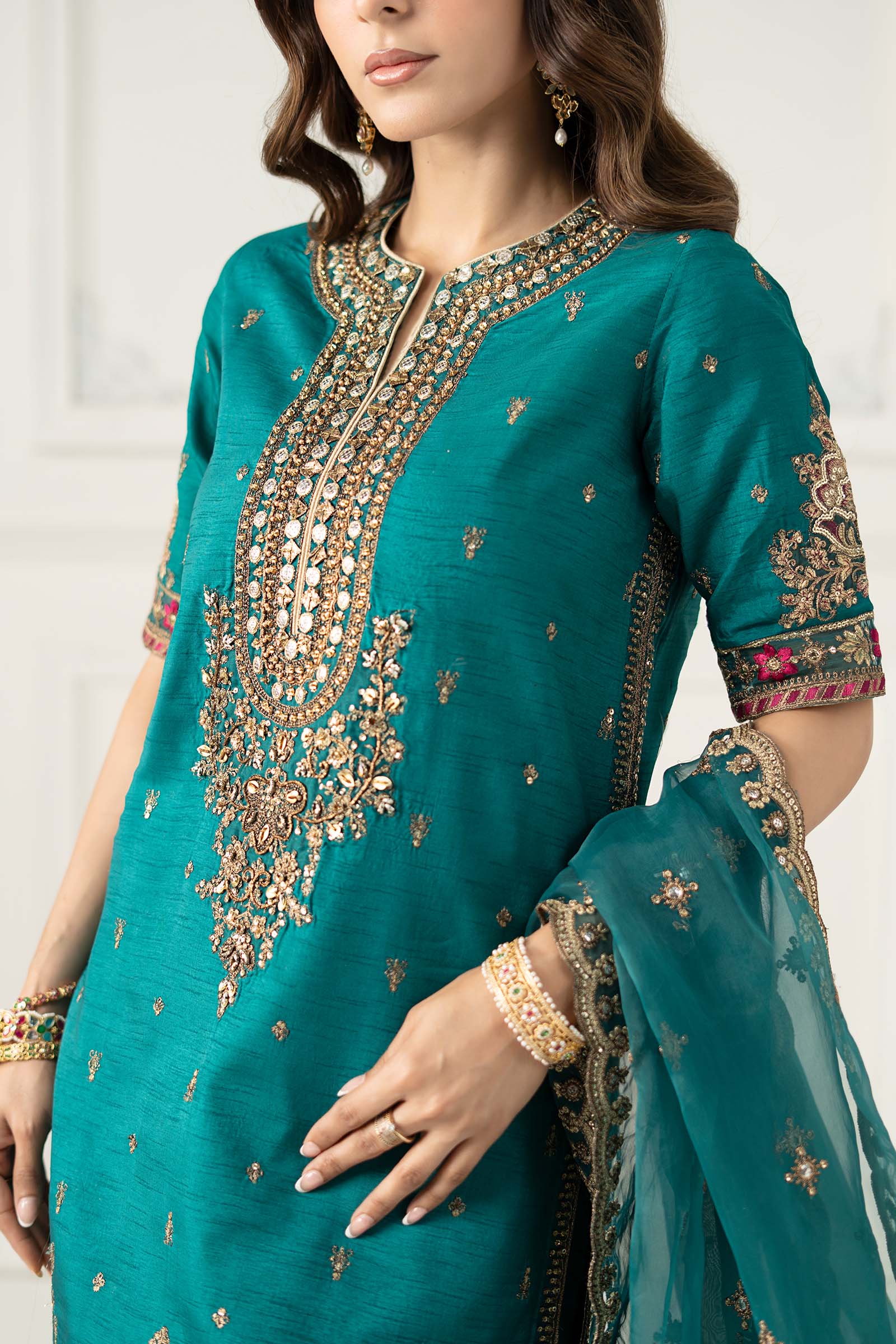 3 Piece Embroidered Raw Silk Suit - Image 8