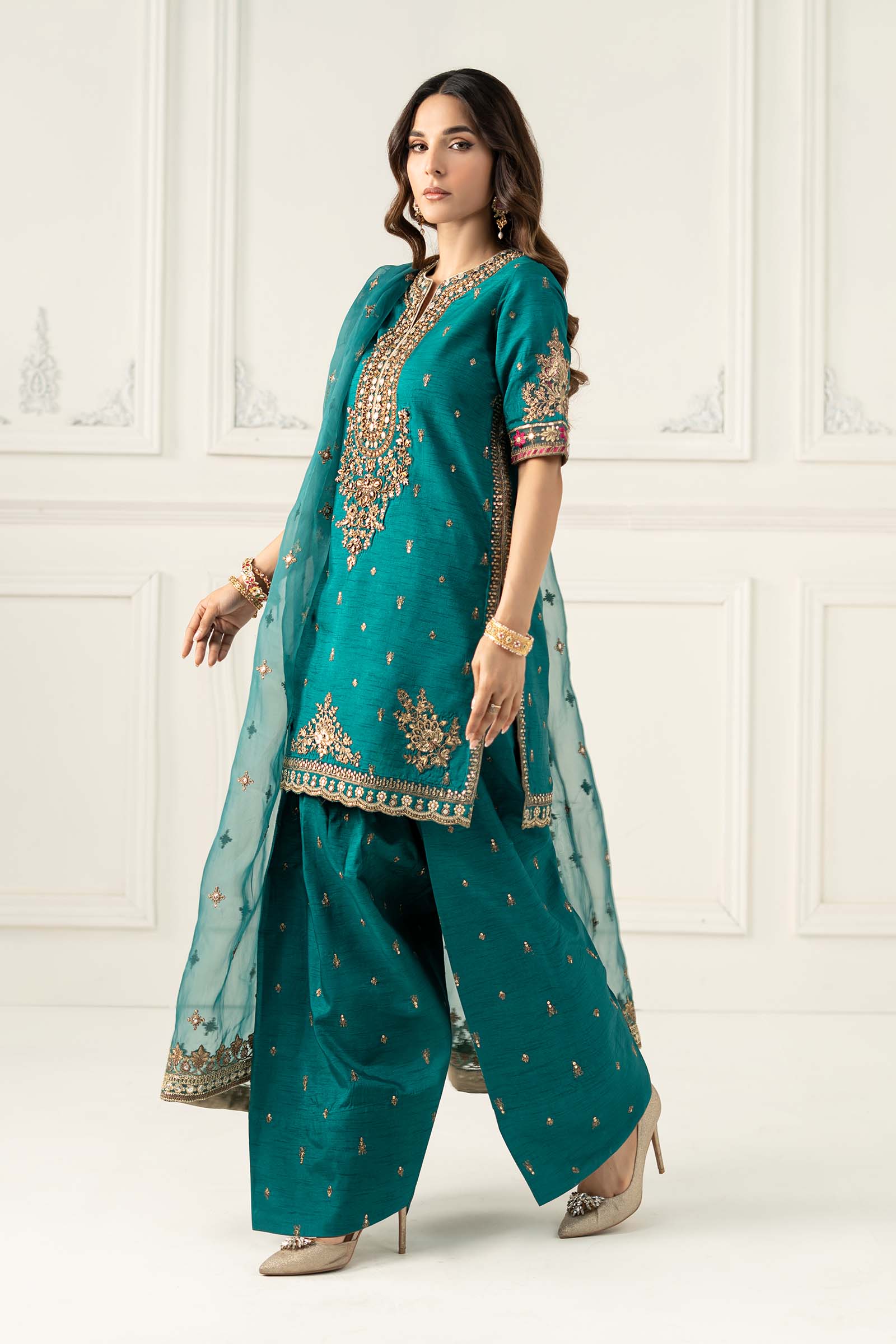 3 Piece Embroidered Raw Silk Suit - Image 9
