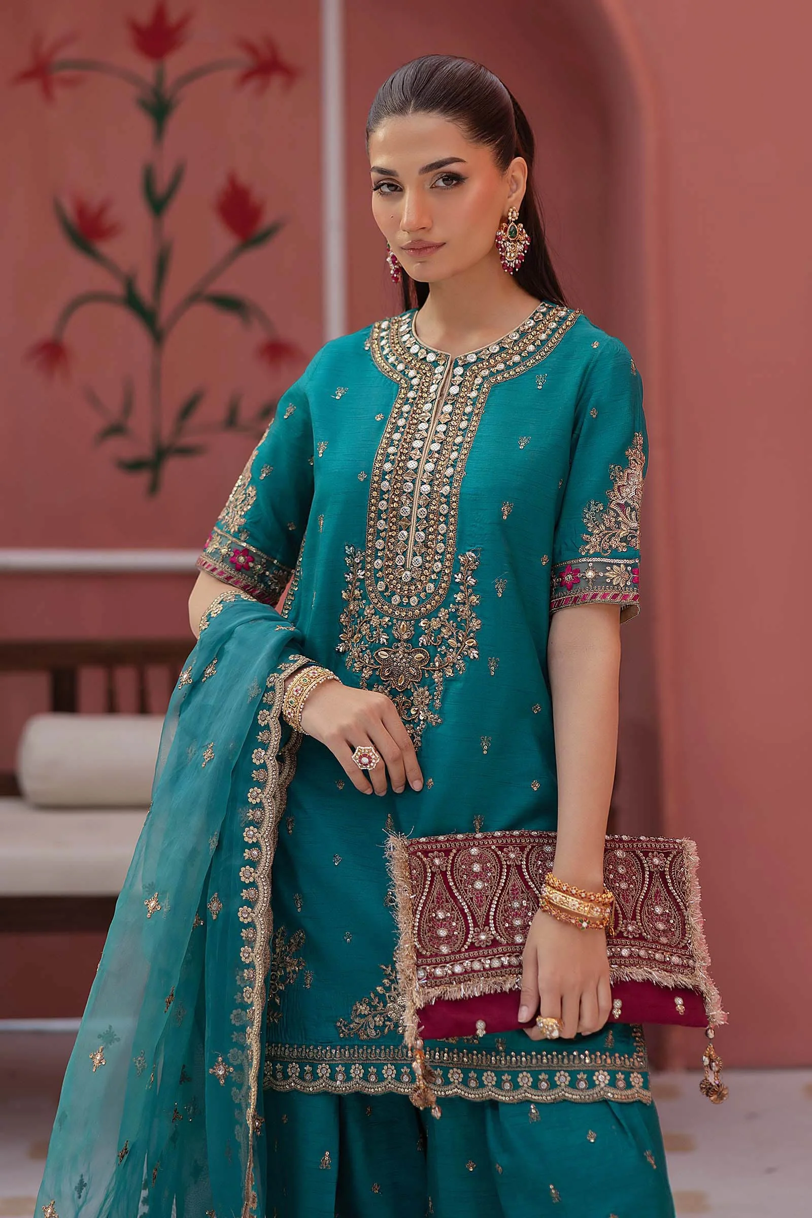 3 Piece Embroidered Raw Silk Suit - Image 2