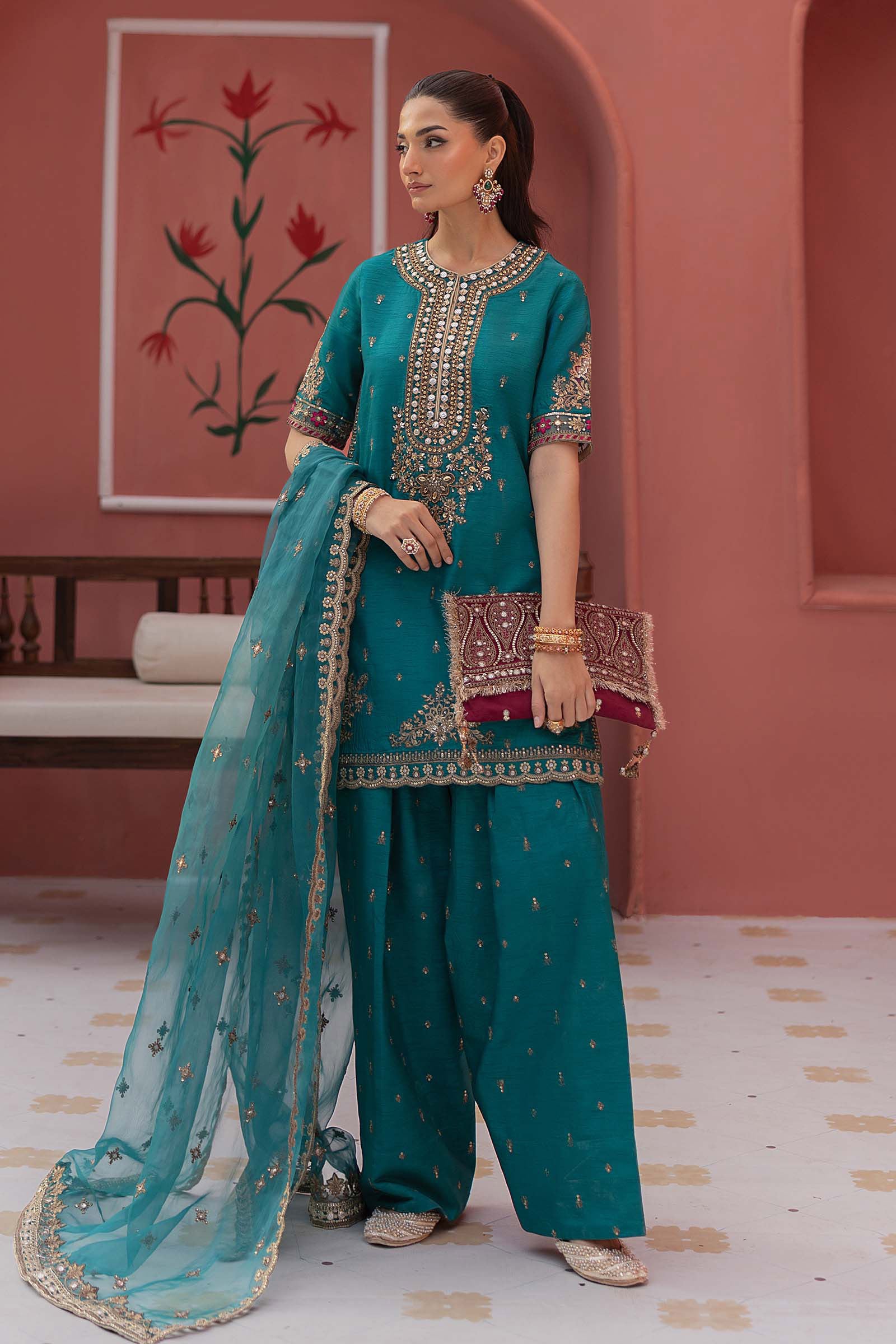 3 Piece Embroidered Raw Silk Suit - Image 3