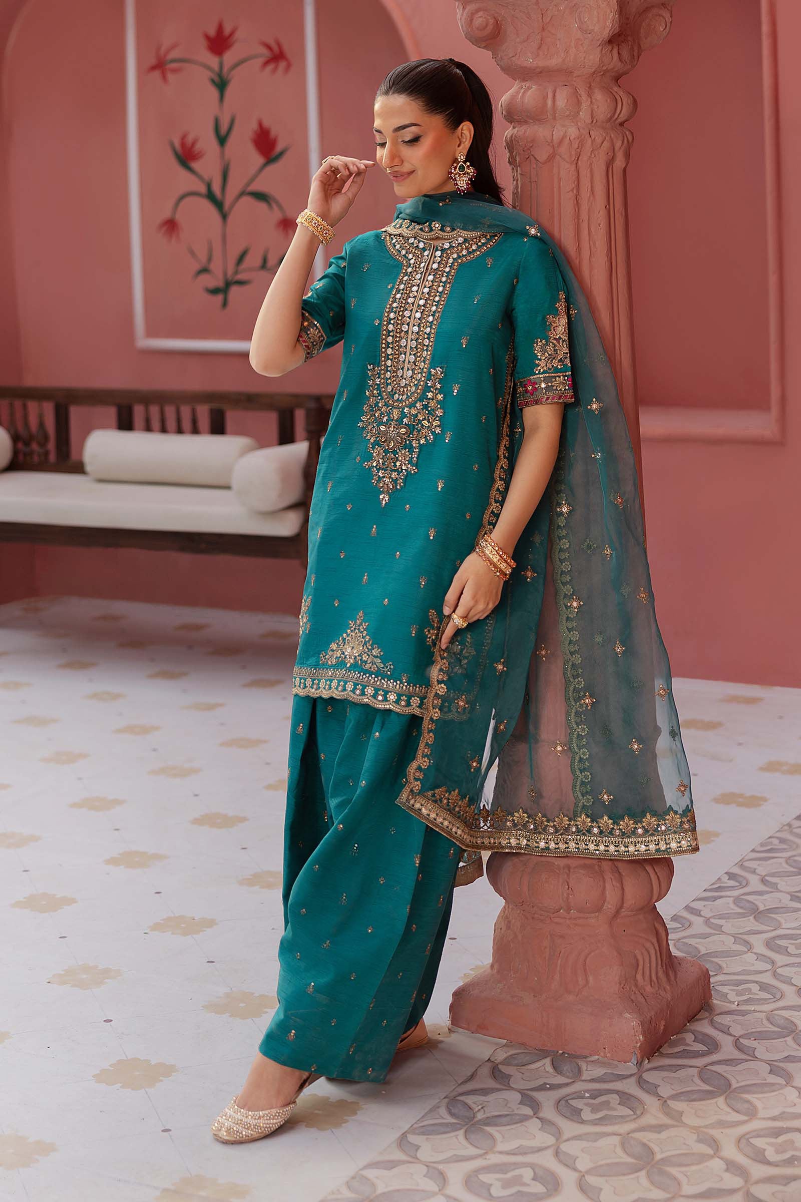 3 Piece Embroidered Raw Silk Suit - Image 5