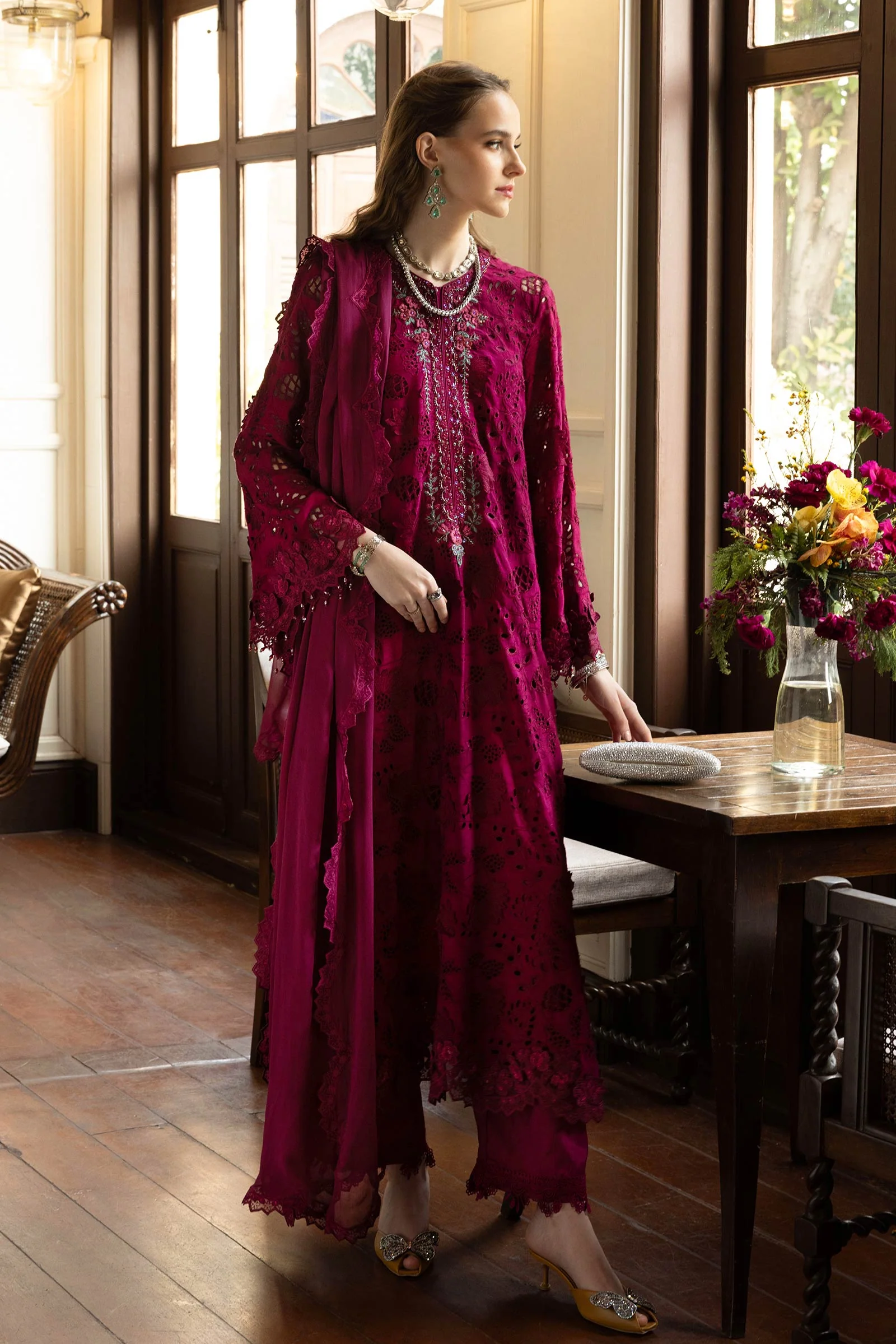 3 Piece Embroidered Raw Silk Suit - Image 3