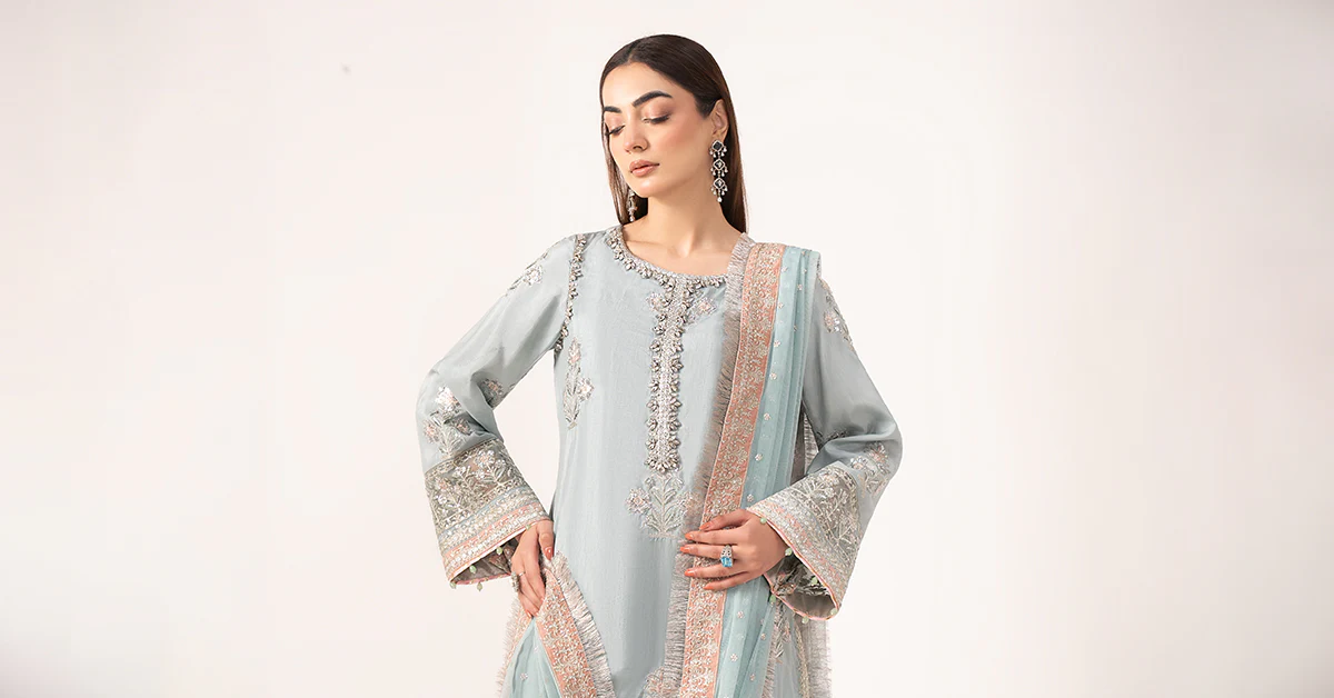 3 Piece Embroidered Raw Silk Suit - Image 8