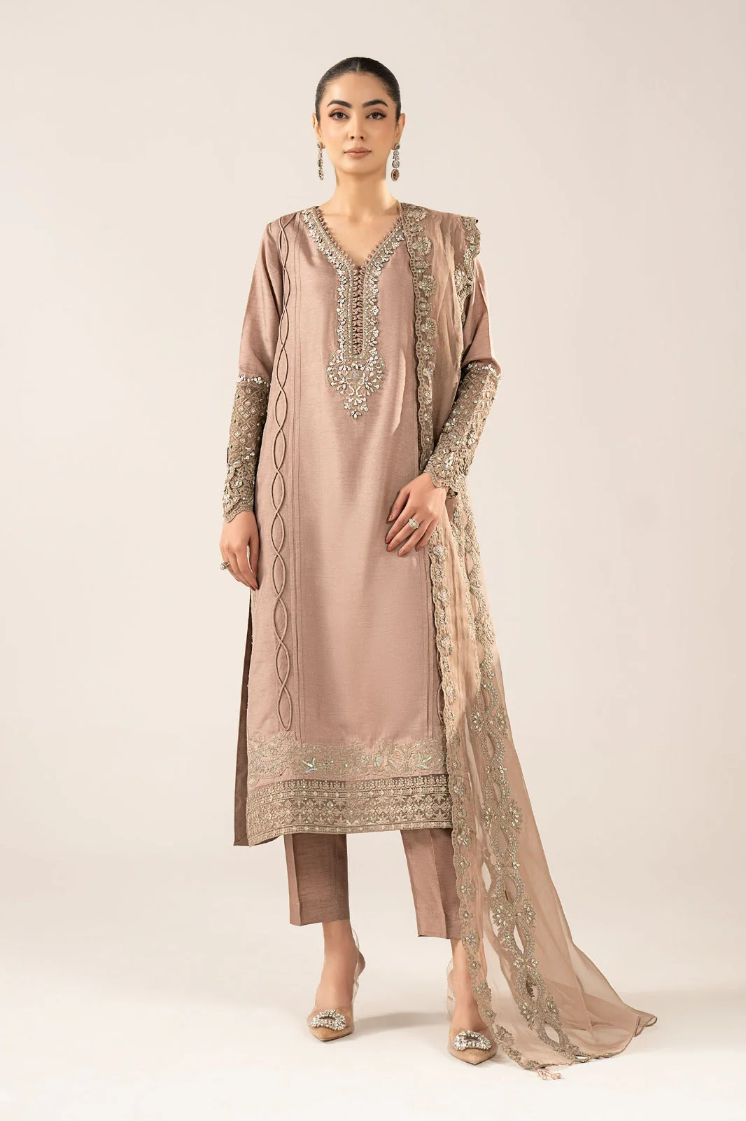 3 Piece Embroidered Raw Silk Suit