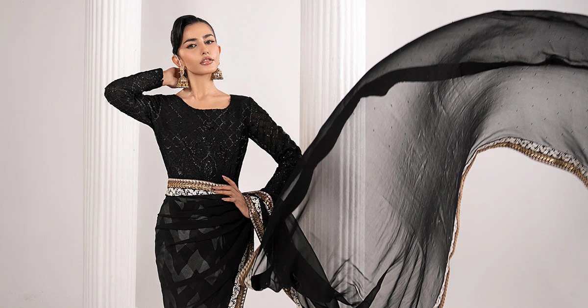 Embroidered Chiffon Saree - Image 8