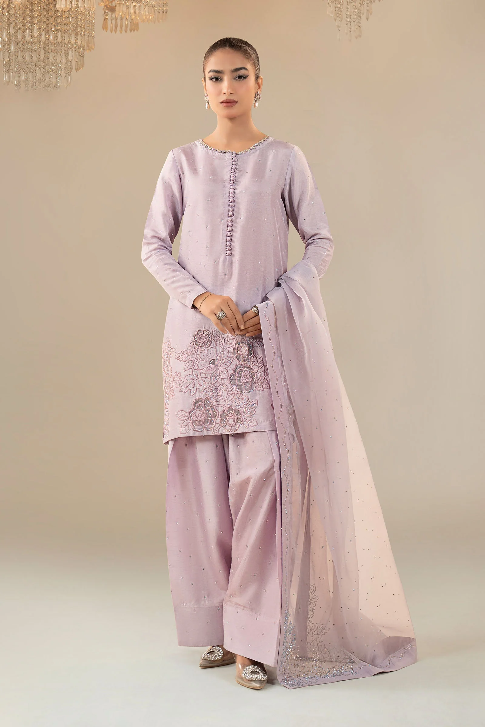 3 Piece Embellished Raw Silk Suit