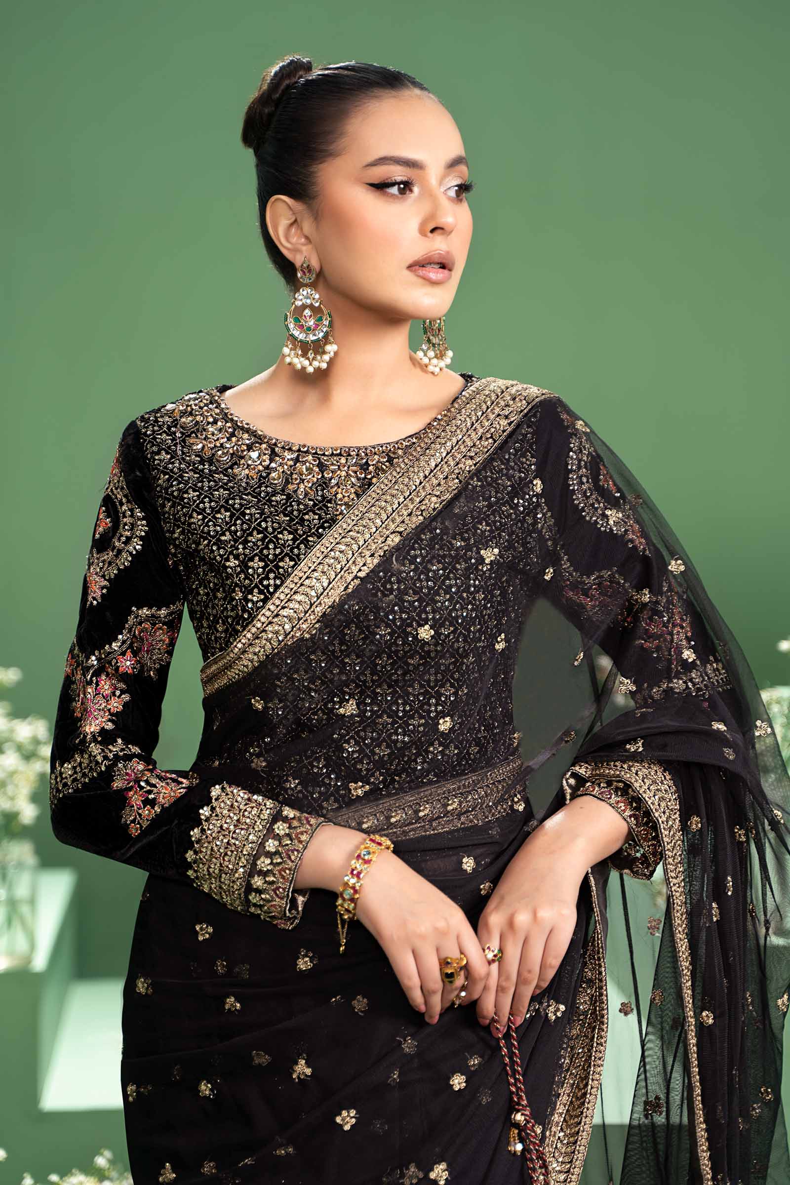 3 Piece Embroidered Net Saree - Image 2