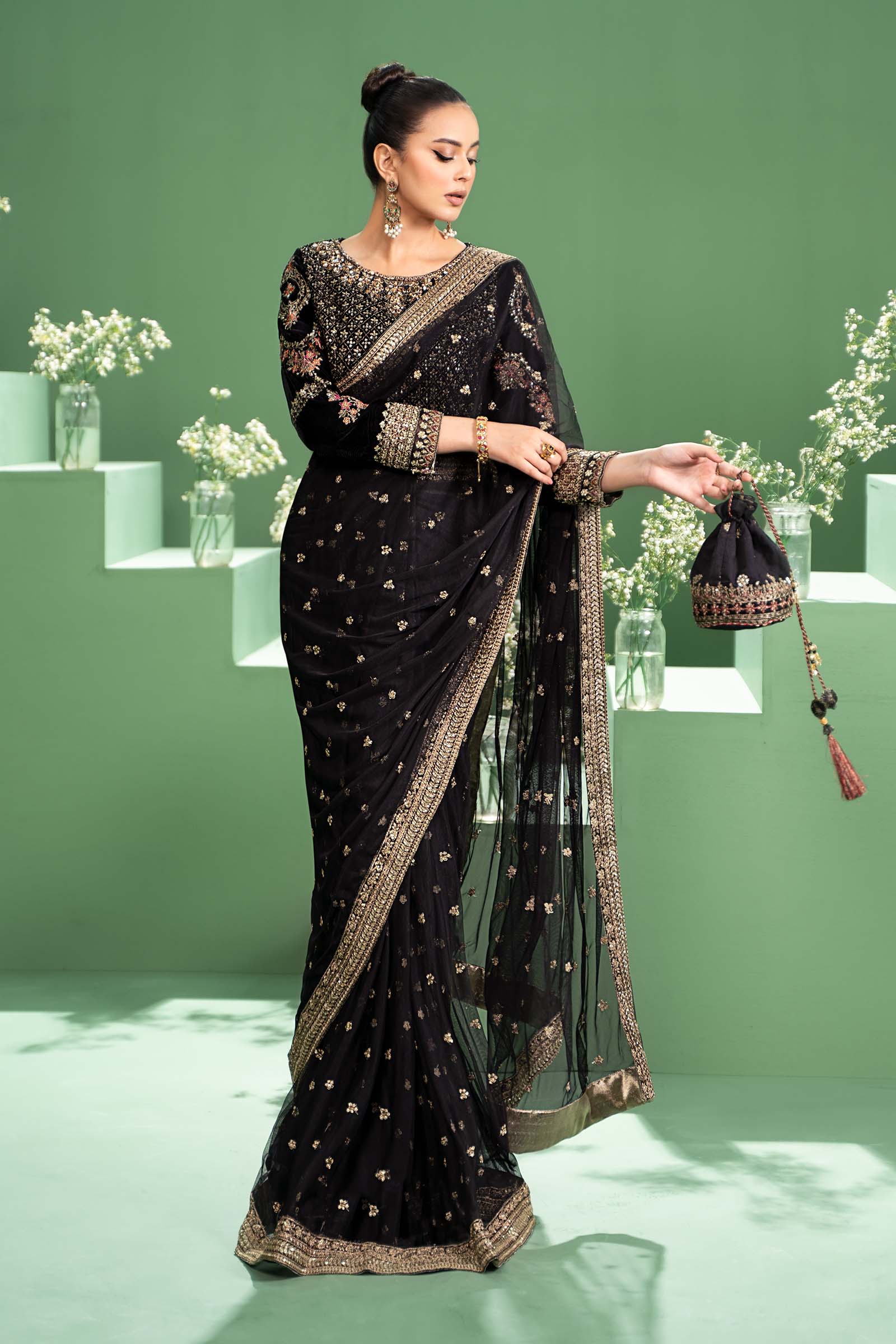 3 Piece Embroidered Net Saree - Image 5