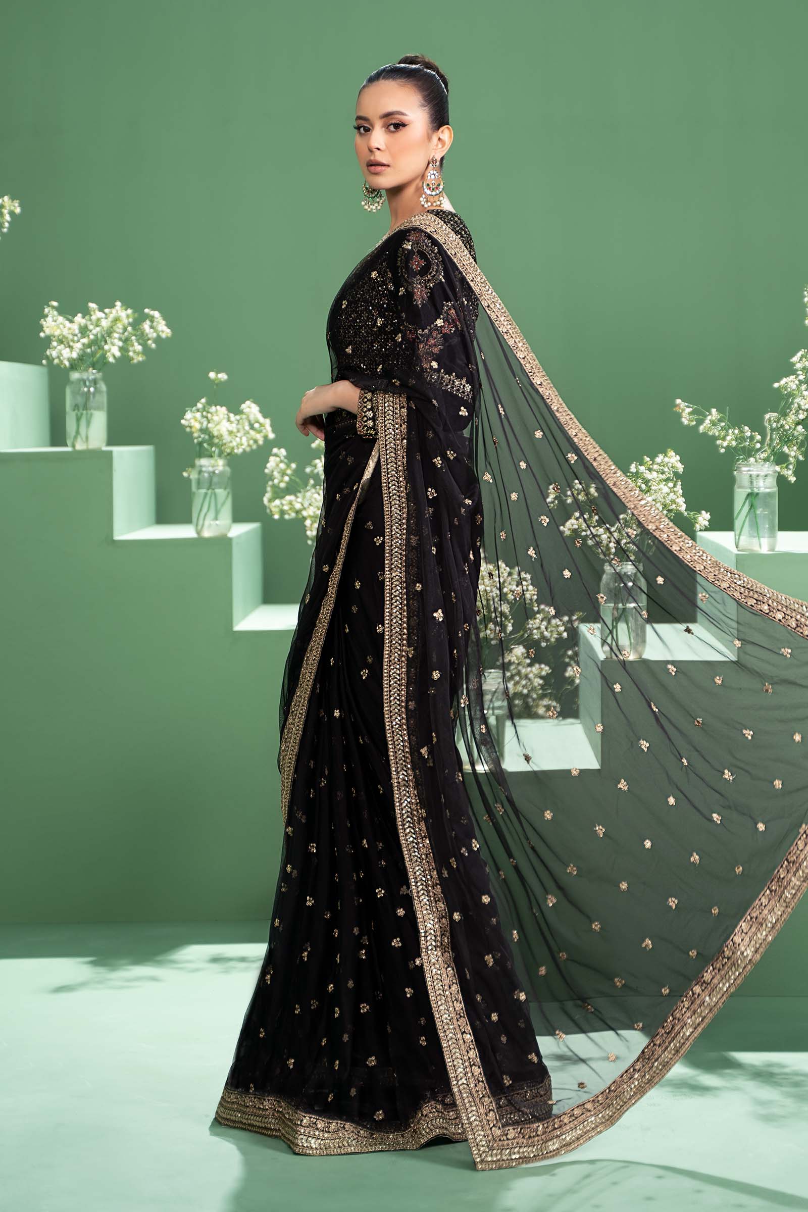 3 Piece Embroidered Net Saree - Image 6