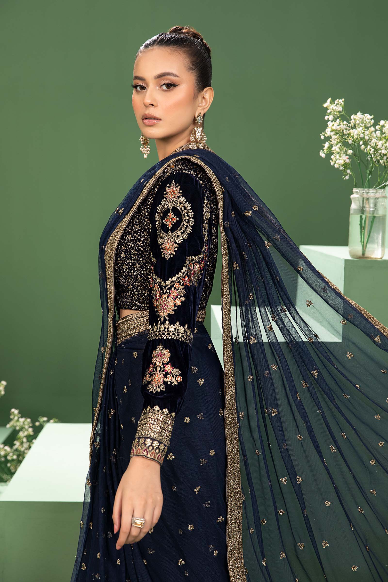 3 Piece Embroidered Net Saree - Image 3