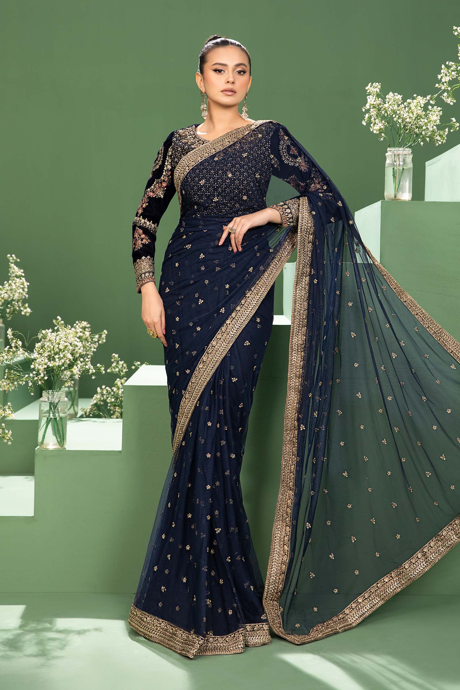 3 Piece Embroidered Net Saree - Image 4