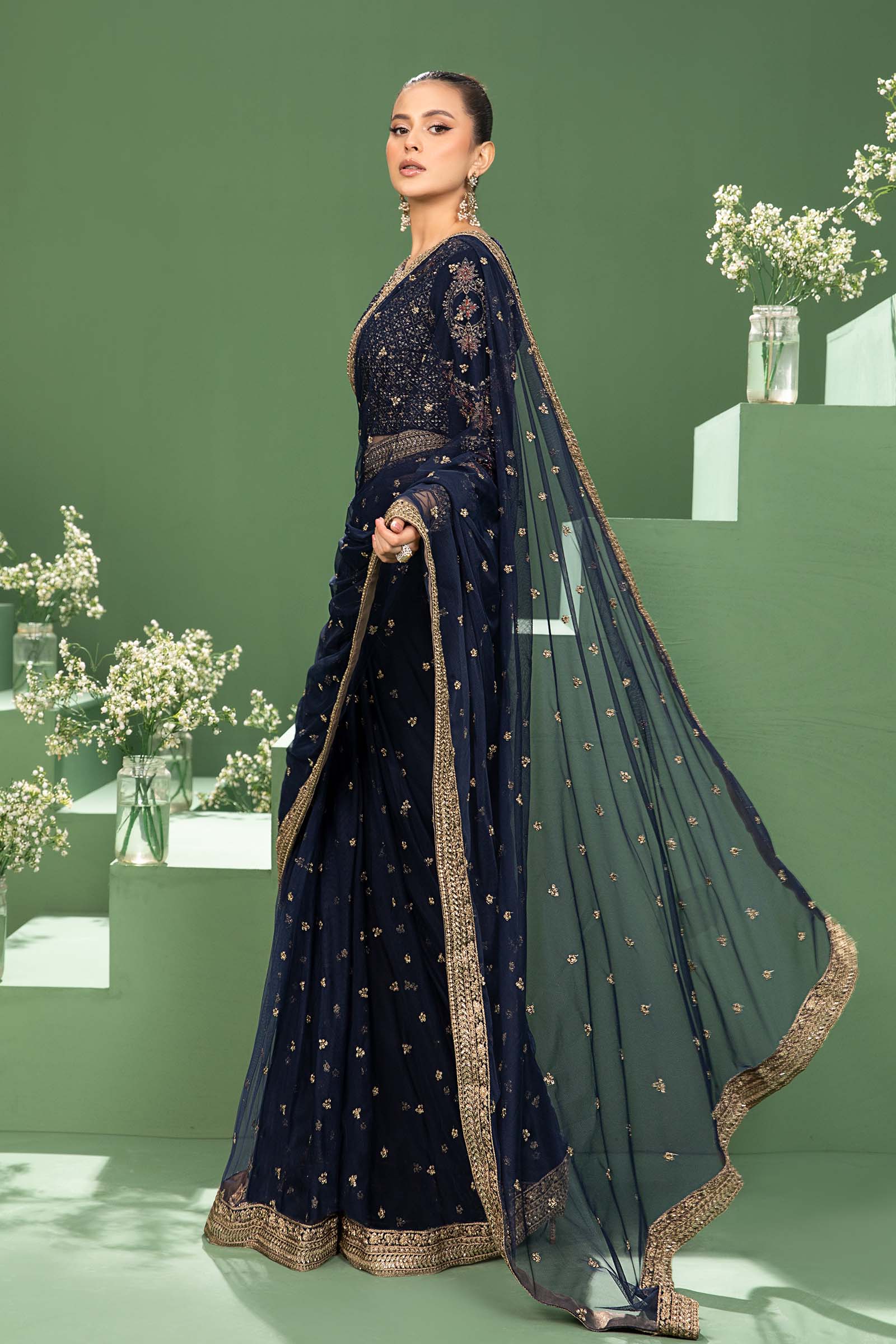 3 Piece Embroidered Net Saree - Image 5