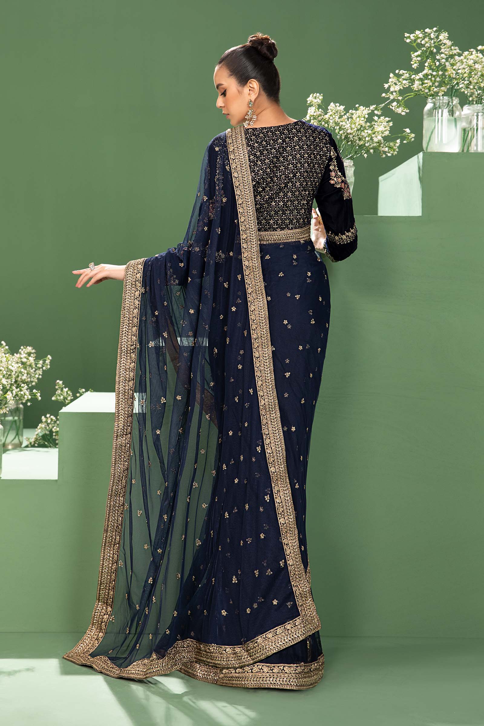 3 Piece Embroidered Net Saree - Image 6