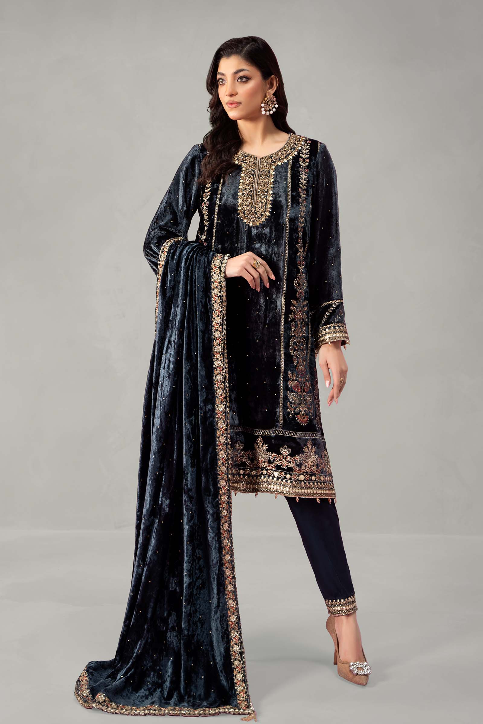 3 Piece Embroidered Velvet Suit
