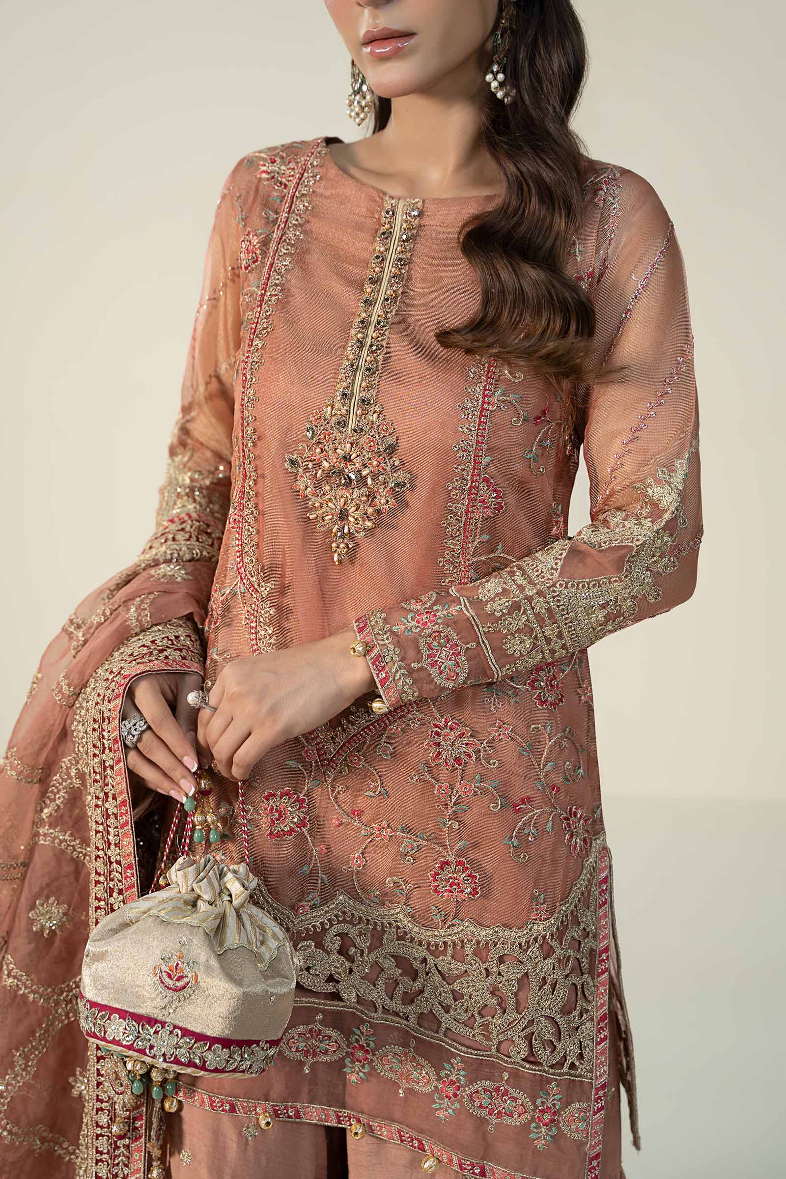 3 Piece Embroidered Zari Net Suit - Image 2