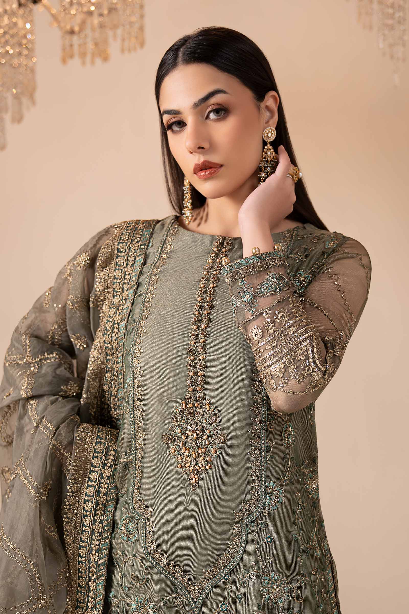 3 Piece Embroidered Zari Net Suit - Image 2