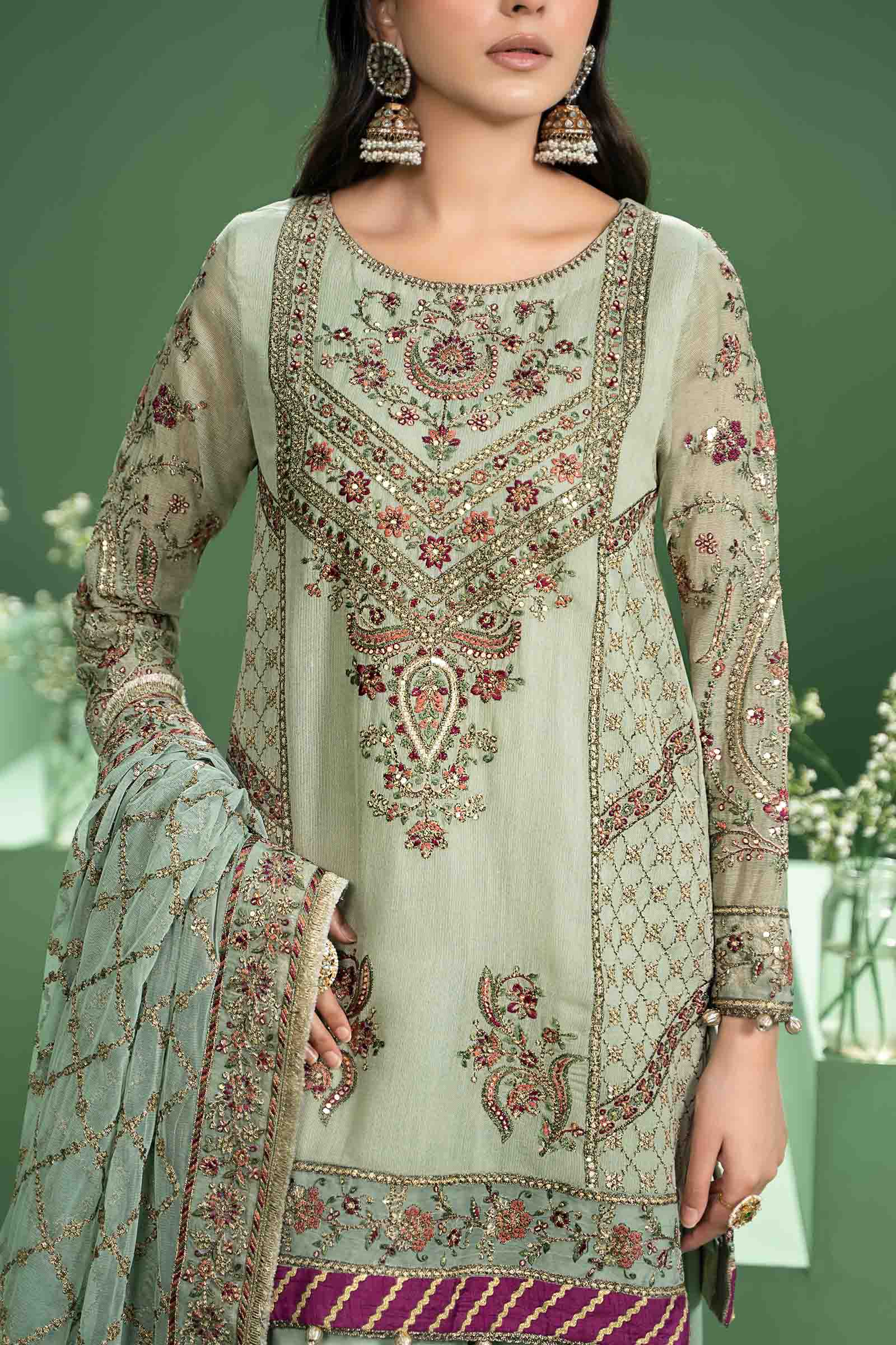 3 Piece Embroidered Silk Cotton Net Suit - Image 2