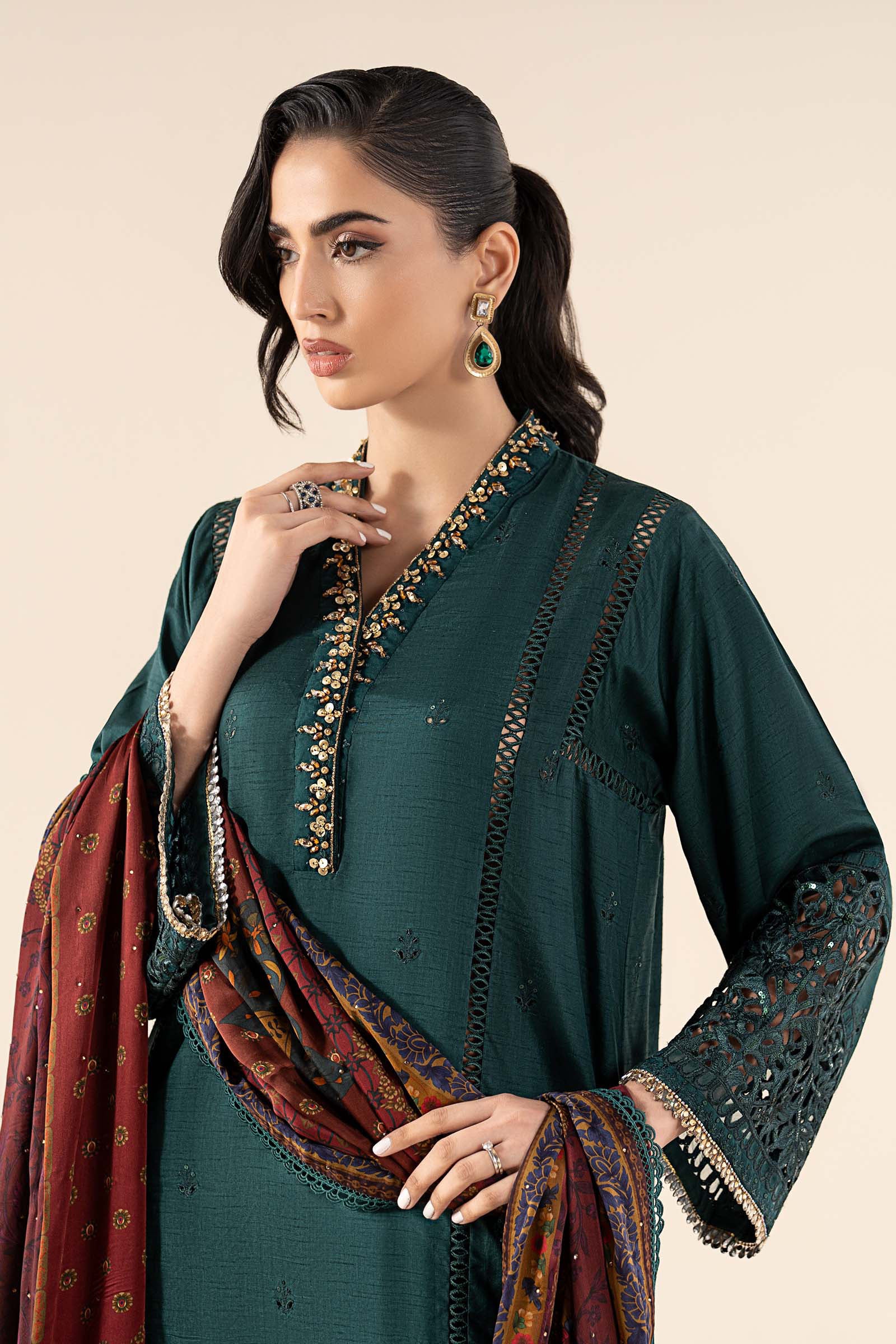 3 Piece Embroidered Raw Silk Suit - Image 2