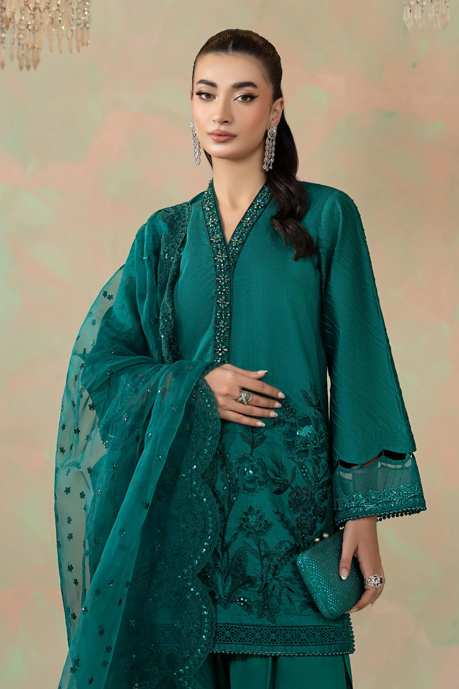 3 Piece Embroidered Silk Net Suit - Image 3