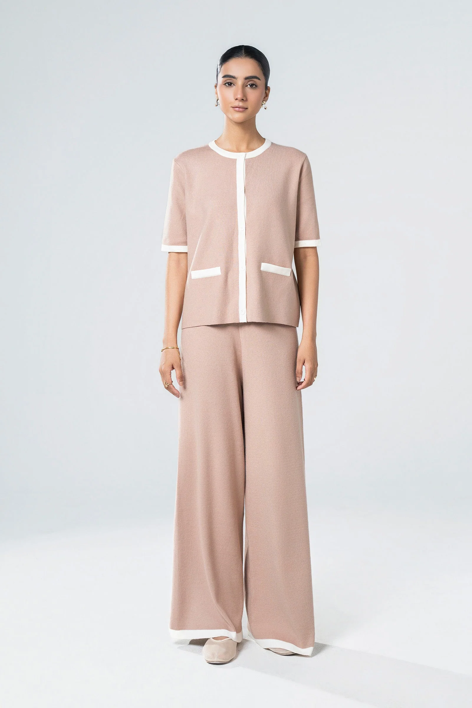 Contrast Piping Sweater Set