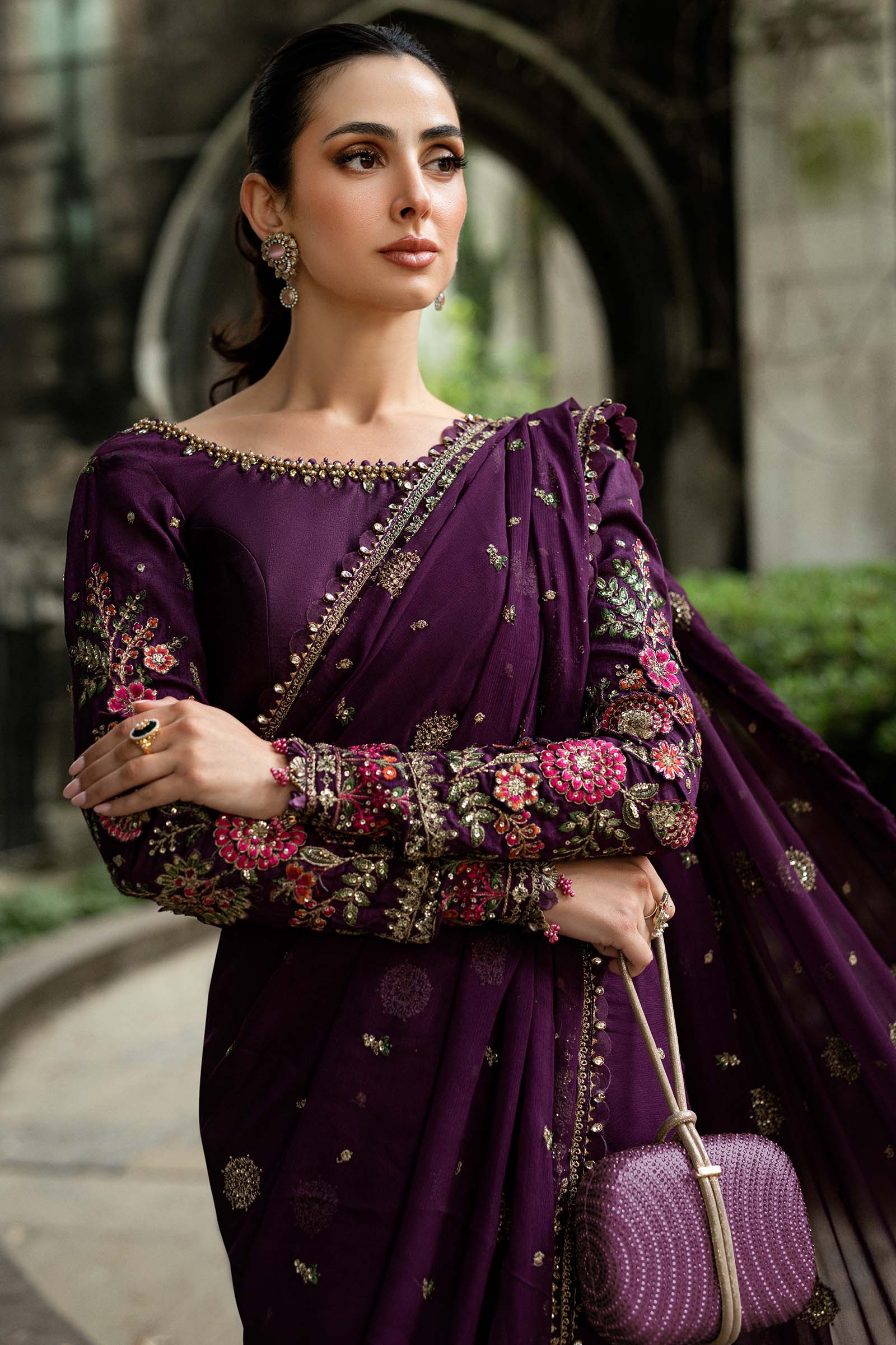 Unstitched Embroidered Chiffon Saree - Image 2