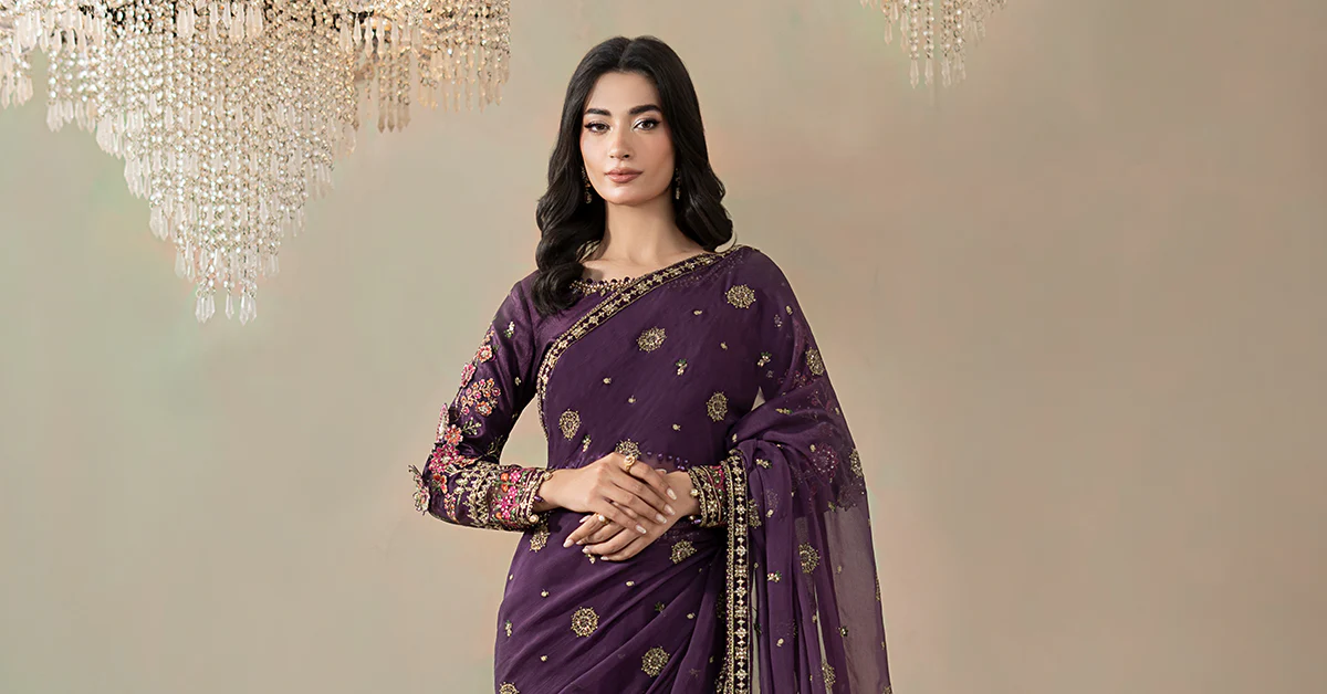 Embroidered Chiffon Saree - Image 8
