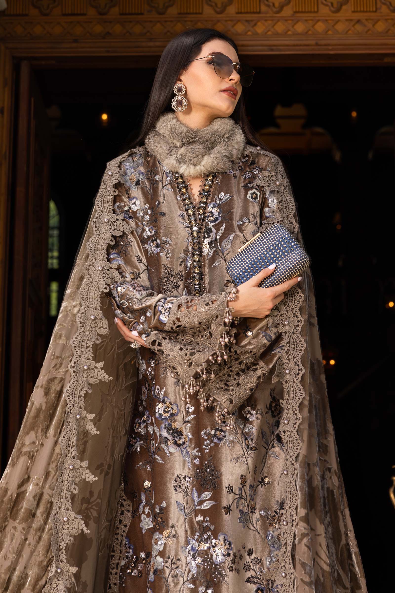 3 Piece Unstitched Embroidered Velvet Suit - Image 3