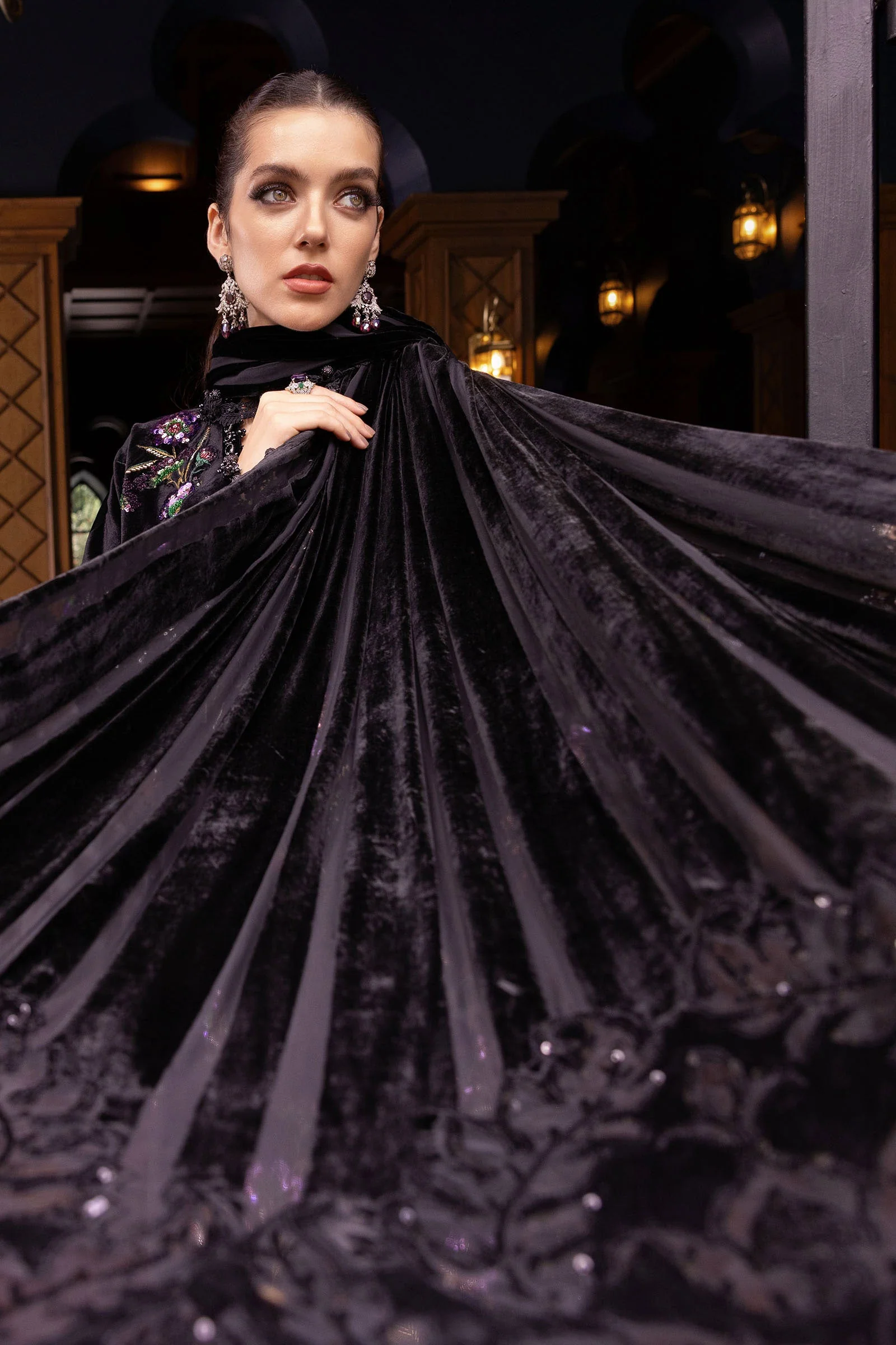 3 Piece Unstitched Embroidered Velvet Suit - Image 3