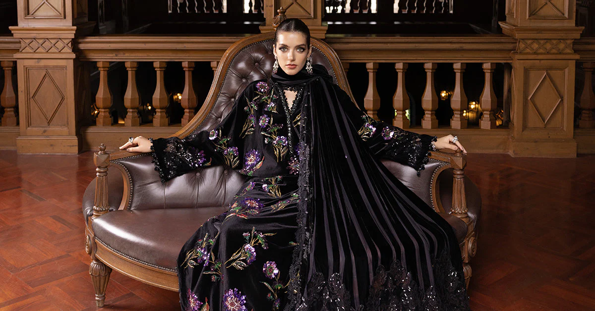 3 Piece Unstitched Embroidered Velvet Suit - Image 9